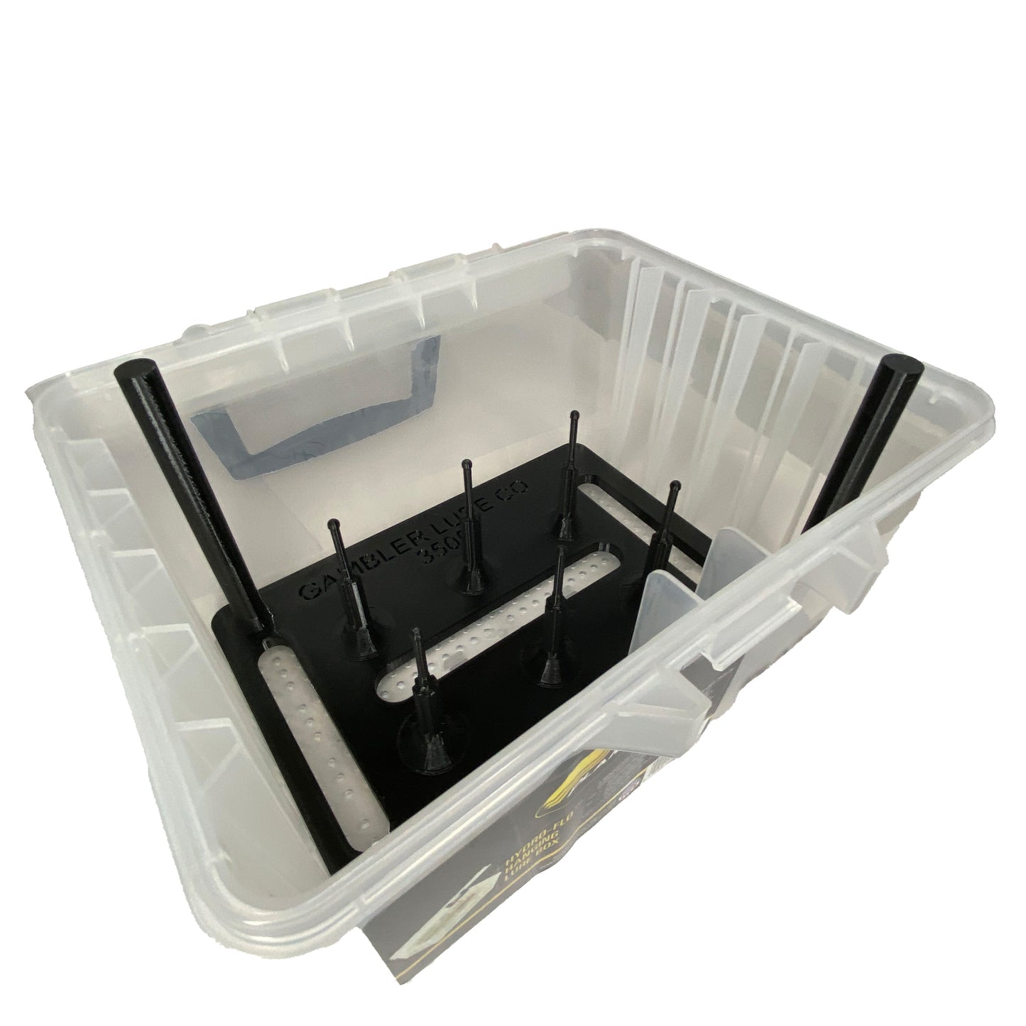 Open Gambler urchin tackle box showing the black prong insert tray fitted inside the clear Plano box