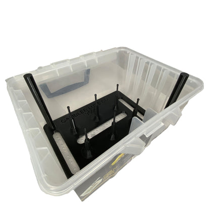 Open Gambler urchin tackle box showing the black prong insert tray fitted inside the clear Plano box
