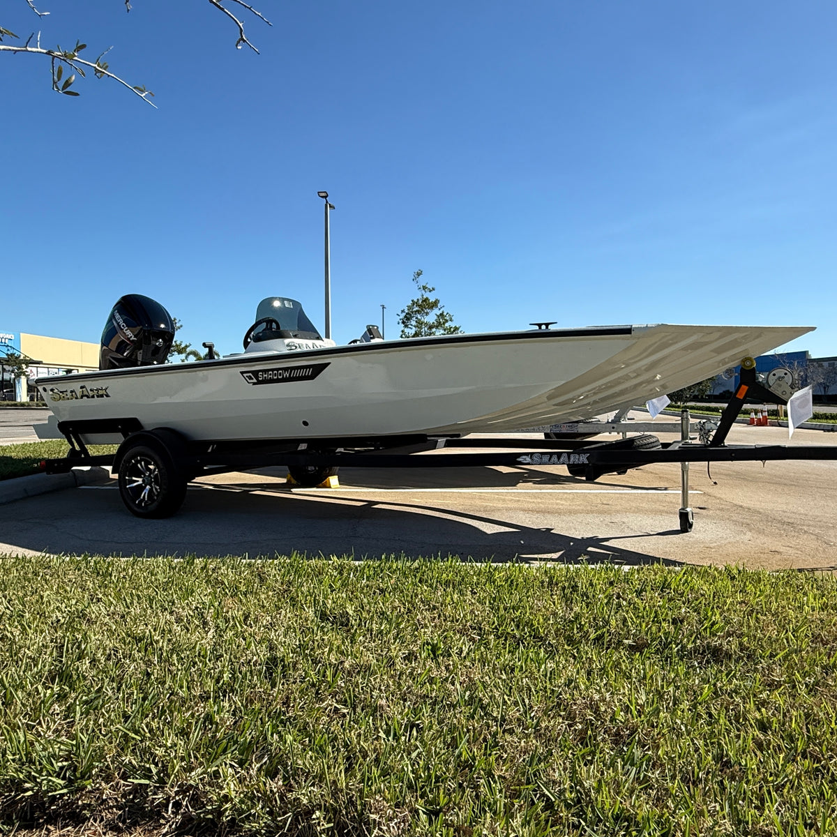 2025 Sea Ark Shadow 18SC white all-welded aluminum boat with Mercury 115 at Lake & Trail USA in Okeechobee, FL.