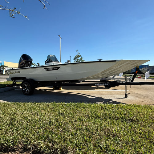 2025 Sea Ark Shadow 18SC white all-welded aluminum boat with Mercury 115 at Lake & Trail USA in Okeechobee, FL.