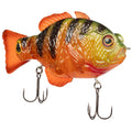 Synch Fishing Artisan Gill swimbait in the Mayan finish, side profile with two treble hooks on swiveling hangers