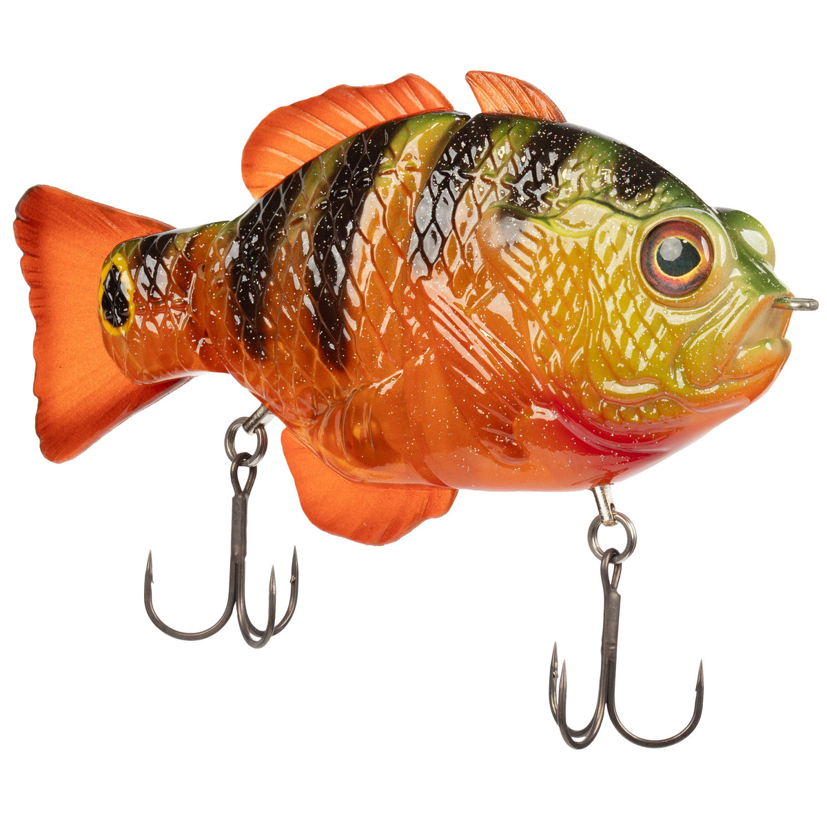 Synch Fishing Artisan Gill swimbait in the Mayan finish, side profile with two treble hooks on swiveling hangers