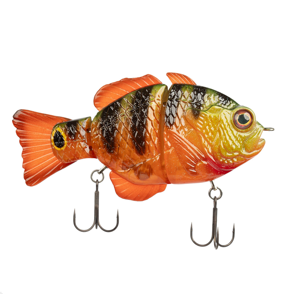 Synch Fishing Artisan Gill in Mayan, side view showing the three-segment body and orange soft-plastic fins