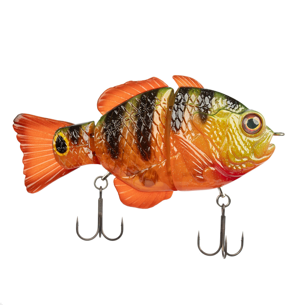 Synch Fishing Artisan Gill in Mayan, side view showing the three-segment body and orange soft-plastic fins