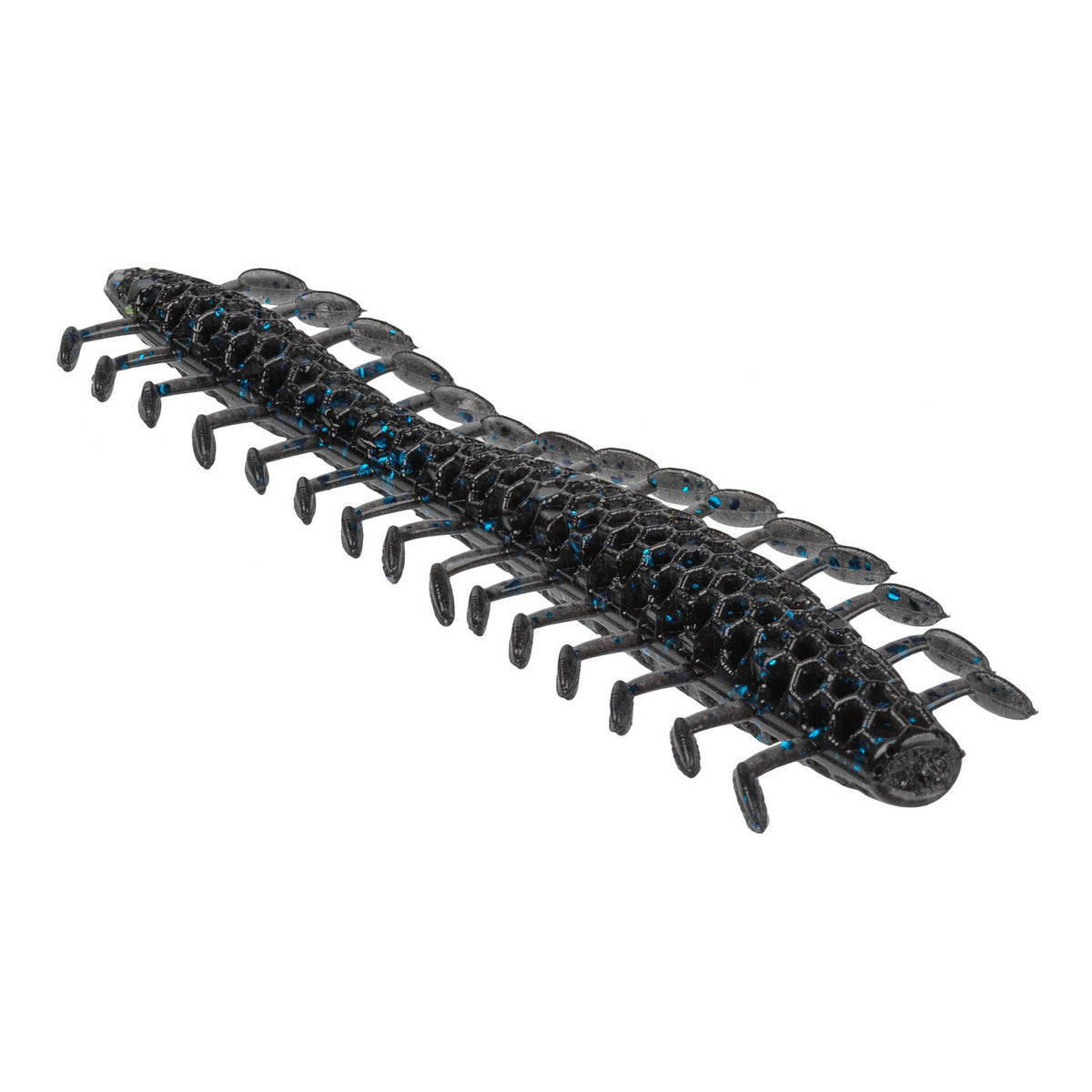 NetBait HexTek Dirty 30 5 inch soft plastic worm in Black Blue Flake, showing the 30 forward-facing legs