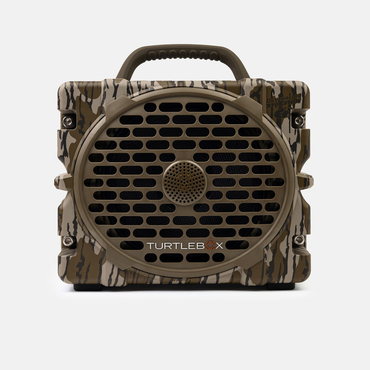 Turtlebox Grande portable Bluetooth speaker in Mossy Oak Bottomland camo, front view