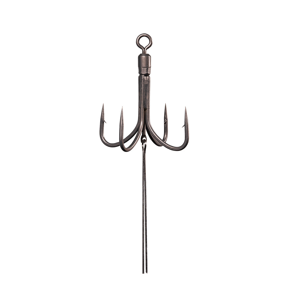 BKK Armorpoint Hyperlatch Quad-Urchin hook showing four hook points and dual-wire bait locking pin