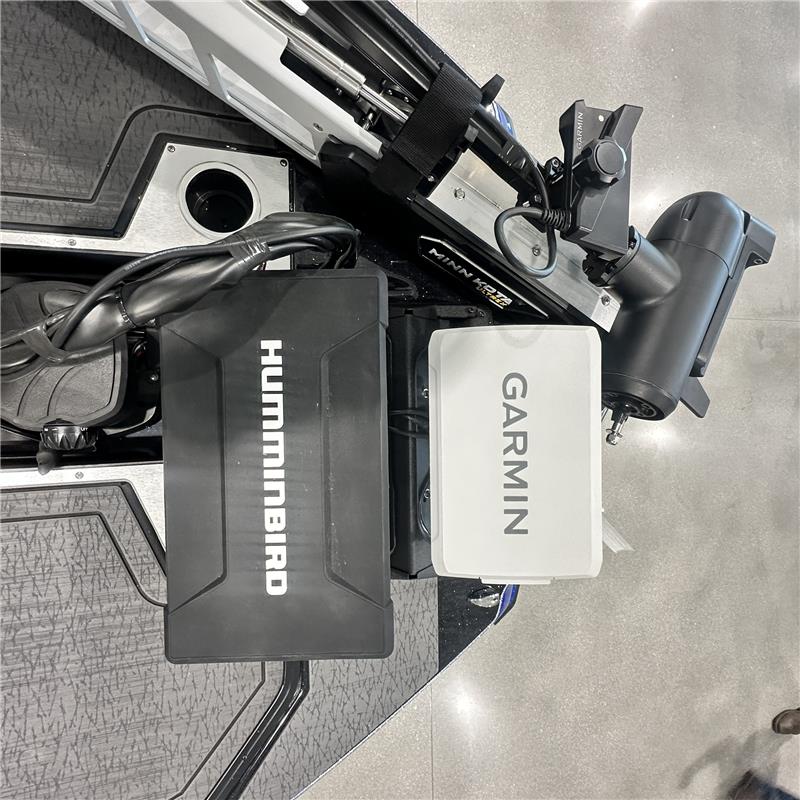 Bow electronics on the 2025 Vexus VXS20 — covered Humminbird and Garmin graphs by the Minn Kota mount — Lake & Trail USA, Okeechobee FL