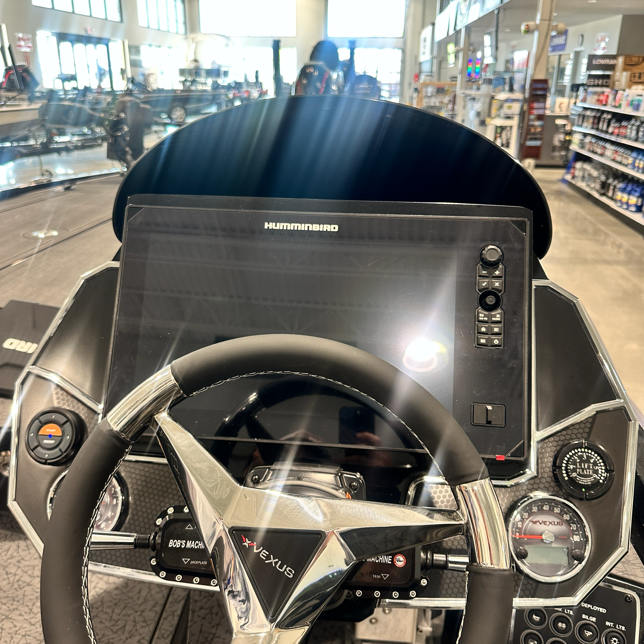 2025 Vexus VXS20 helm — Humminbird graph, chrome Vexus wheel, jackplate control and tachometer — Lake & Trail USA, Okeechobee FL