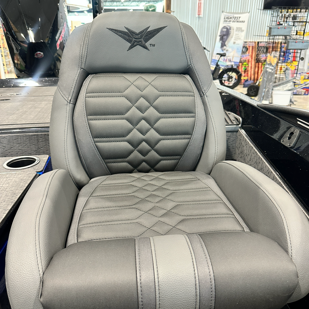 Gray diamond-stitched driver's seat with embroidered Vexus star logo — 2025 Vexus VXS20, Lake & Trail USA, Okeechobee FL