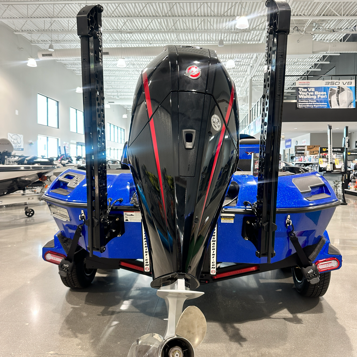 Stern of the 2025 Vexus VXS20 — Mercury 250 Pro XS, twin Minn Kota Raptor anchors and stainless prop — Lake & Trail USA, Okeechobee FL