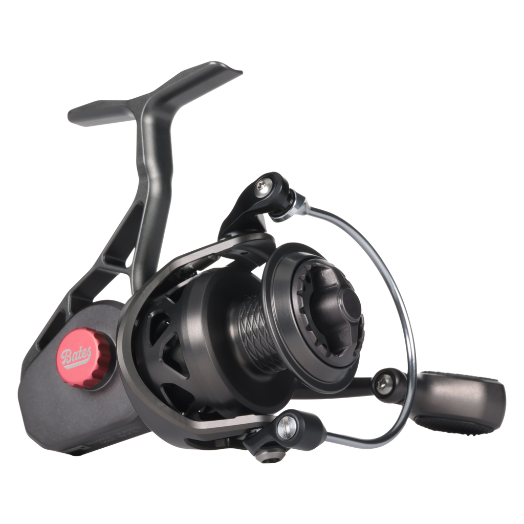 Bates Fishing Co. SAM 2500 spinning reel in anodized gunmetal grey, side profile