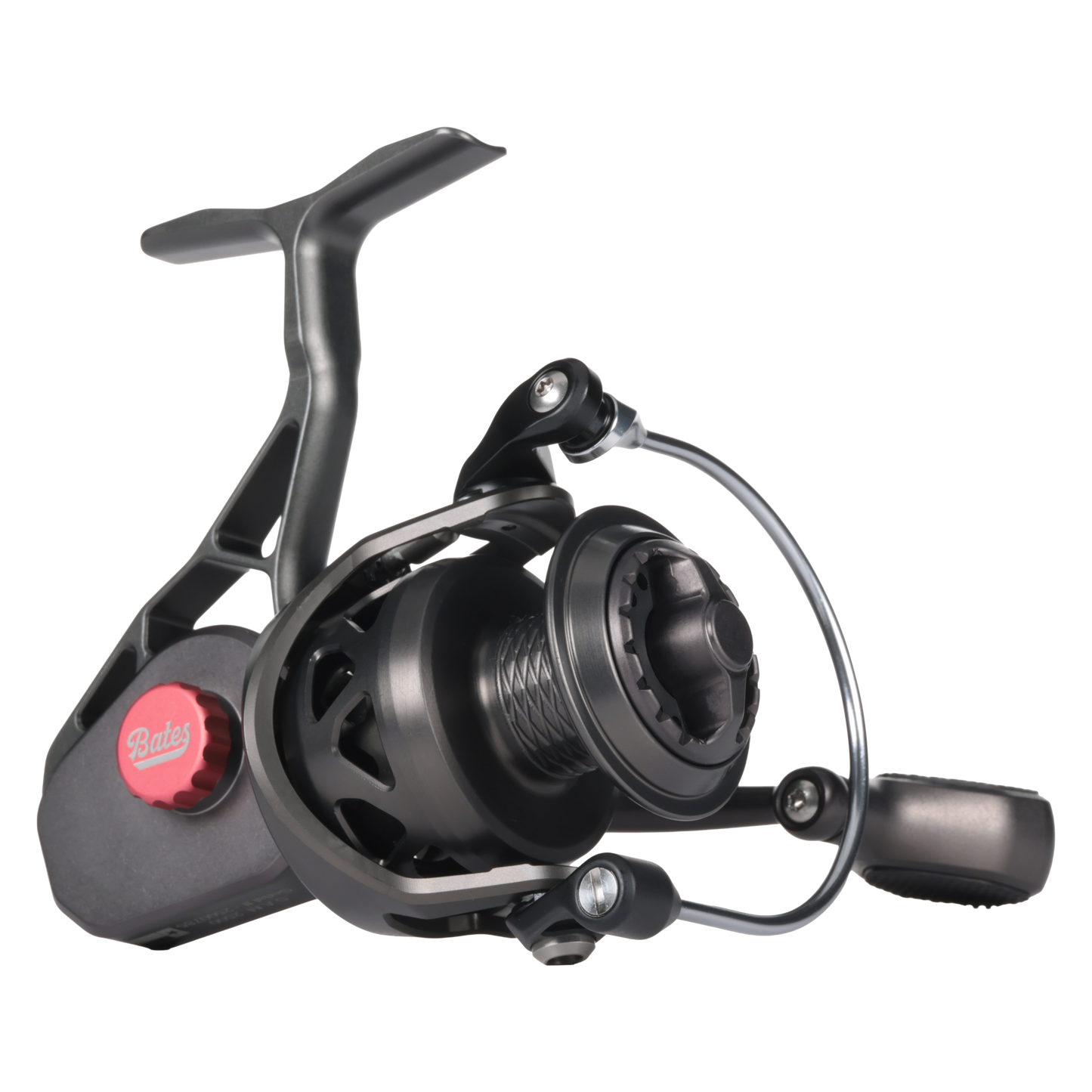 Bates Fishing Co. SAM 2500 spinning reel in anodized gunmetal grey, side profile