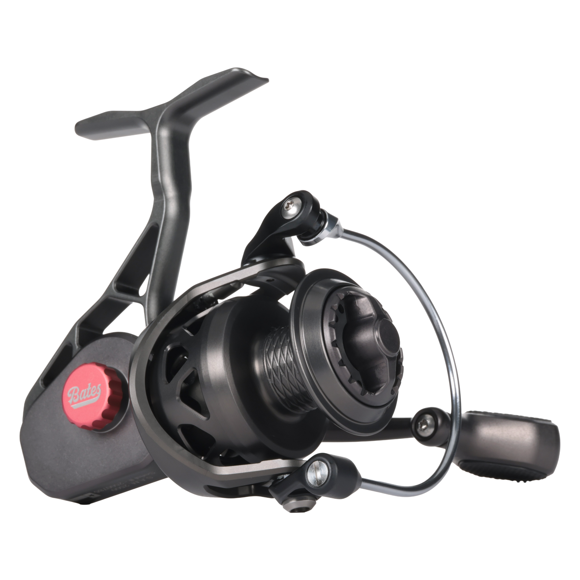 Bates Fishing Co. SAM 2500 spinning reel in anodized gunmetal grey, side profile