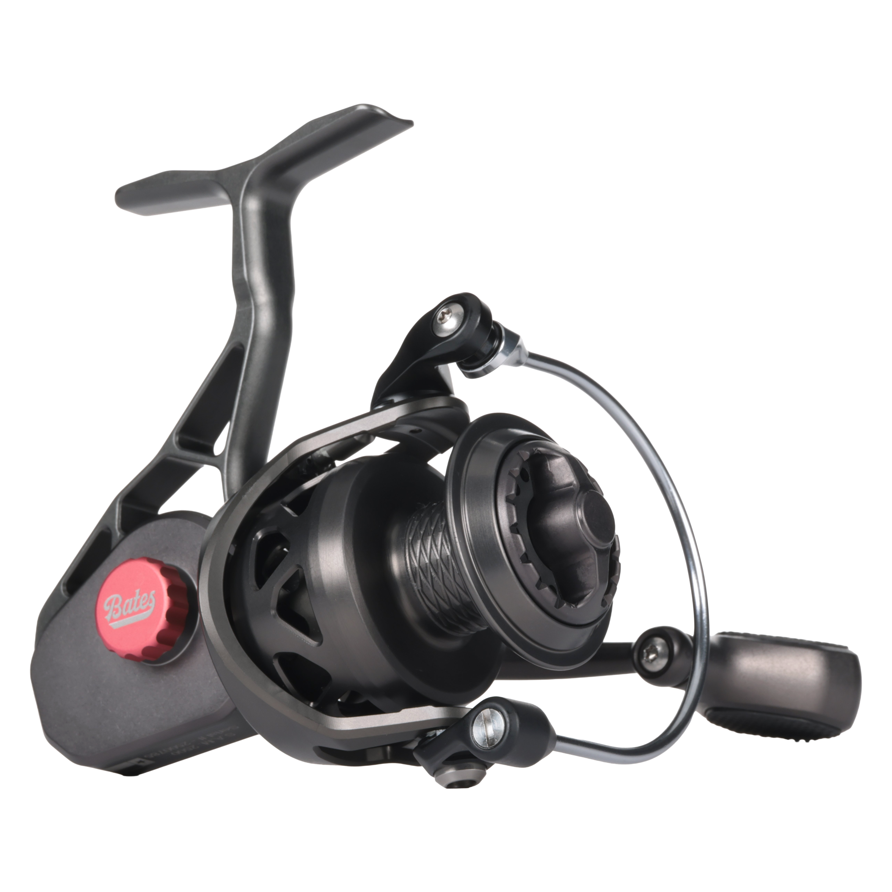Bates Fishing Co. SAM 2500 spinning reel in anodized gunmetal grey, side profile