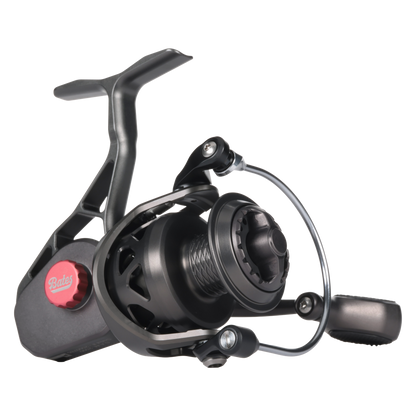 Bates Fishing Co. SAM 2500 spinning reel in anodized gunmetal grey, side profile
