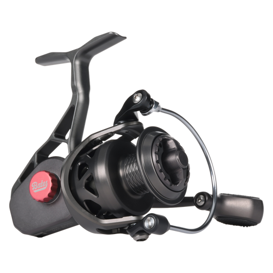 Bates Fishing Co. SAM 2500 spinning reel in anodized gunmetal grey, side profile