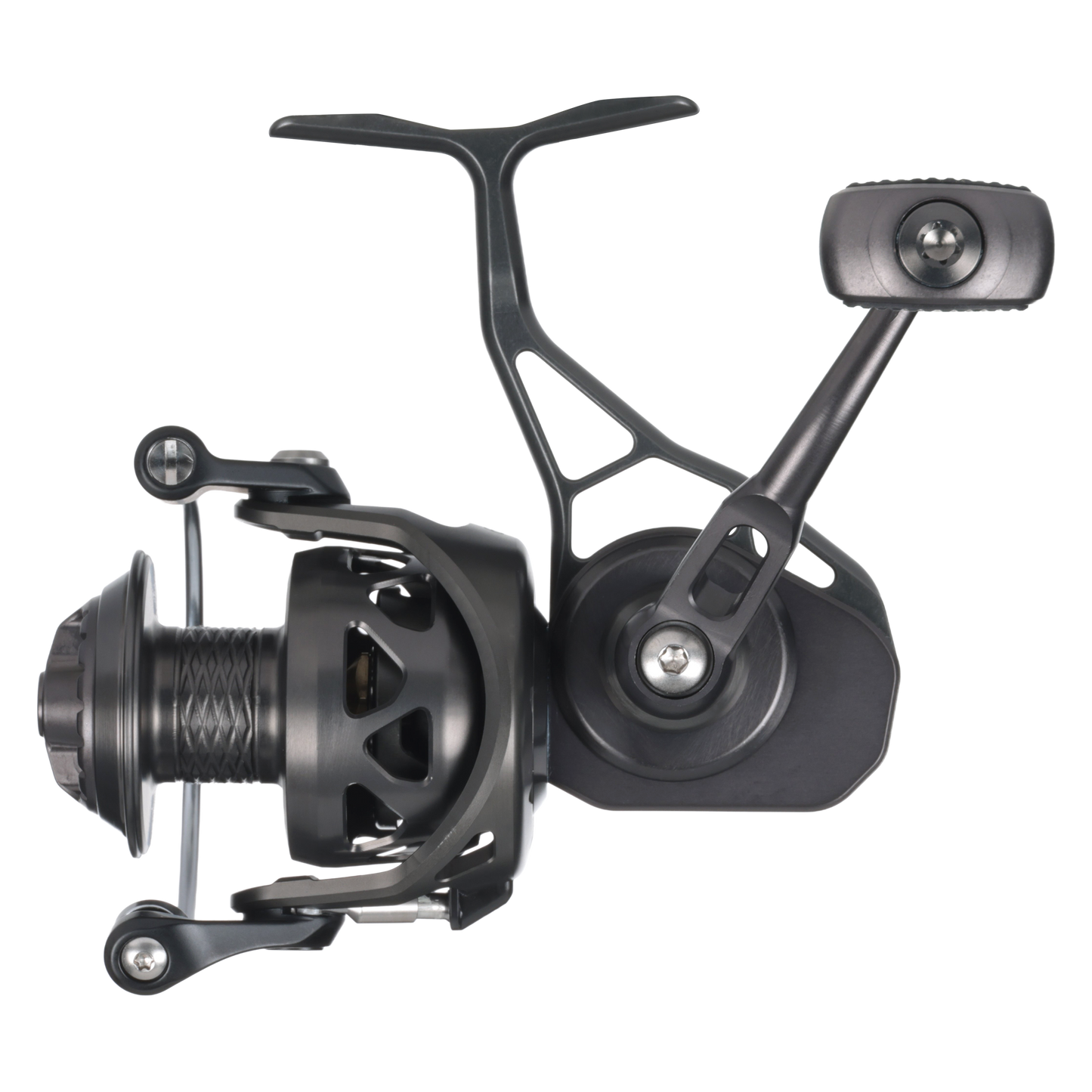 Bates SAM 2500 spinning reel showing CNC-machined 6061-T6 billet aluminum body