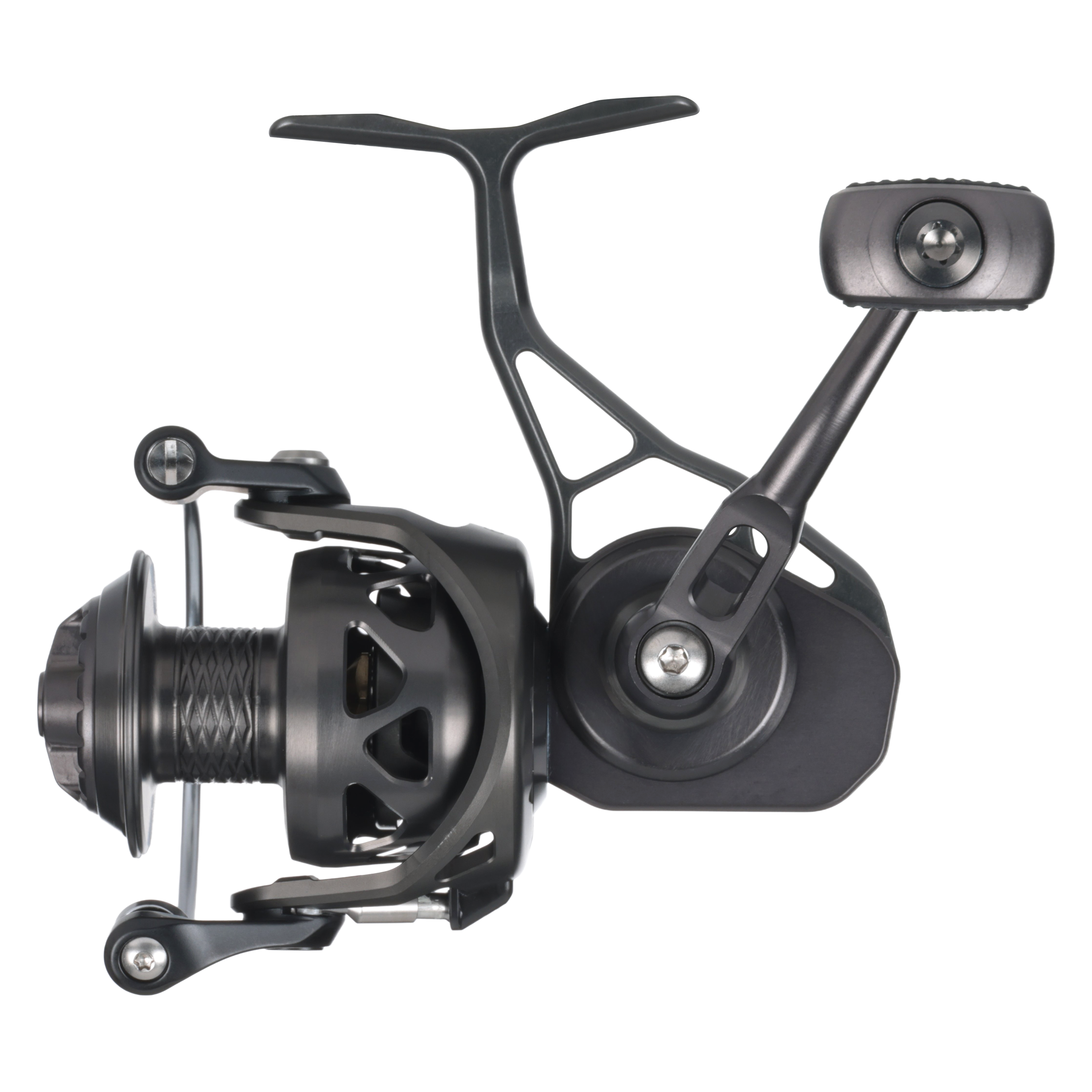 Bates SAM 2500 spinning reel showing CNC-machined 6061-T6 billet aluminum body