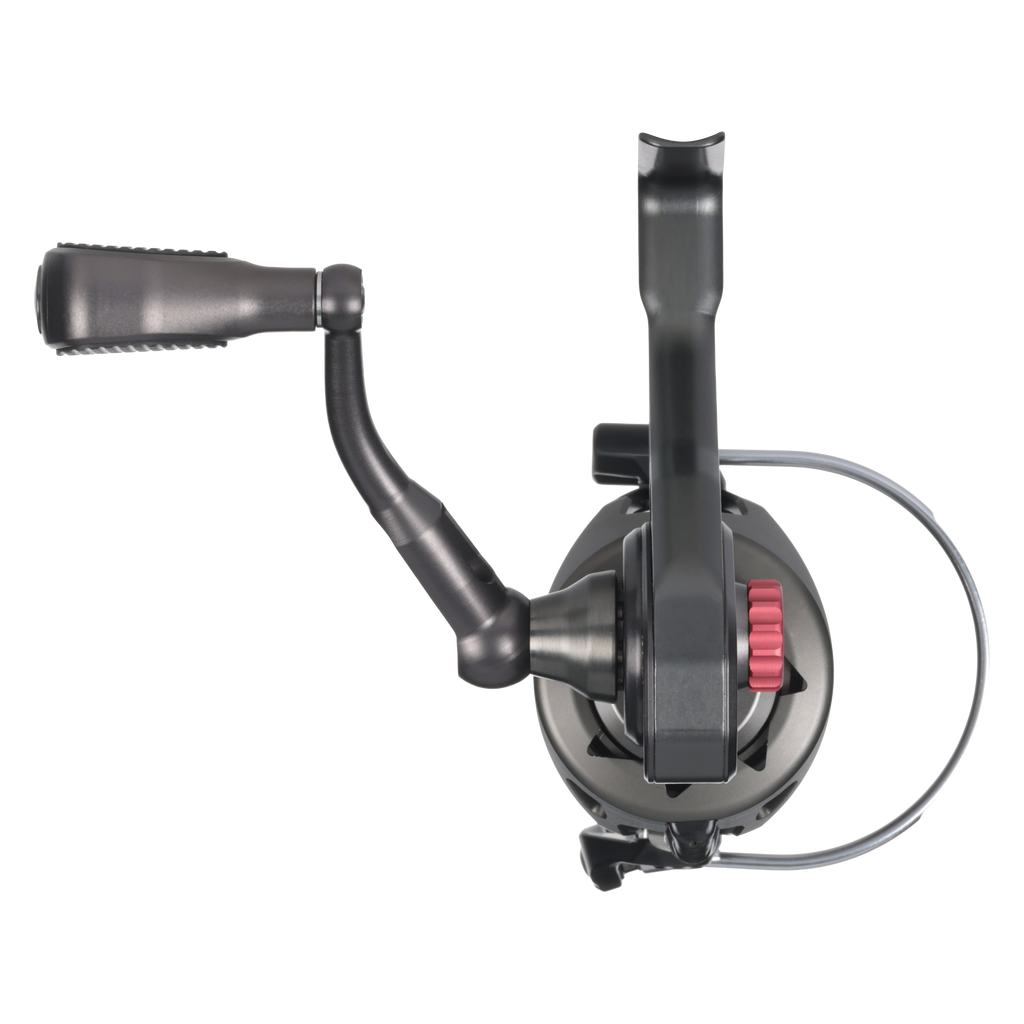 Bates SAM 2500 spinning reel handle and gunmetal grey anodized finish detail