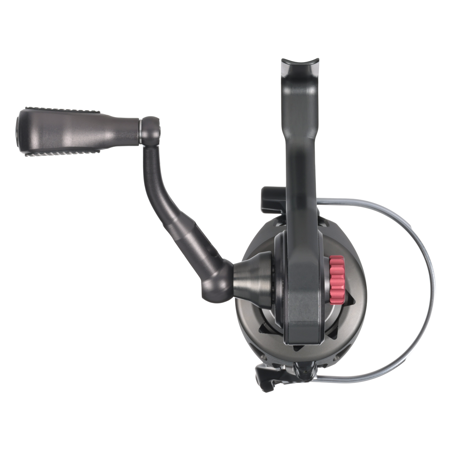 Bates SAM 2500 spinning reel handle and gunmetal grey anodized finish detail