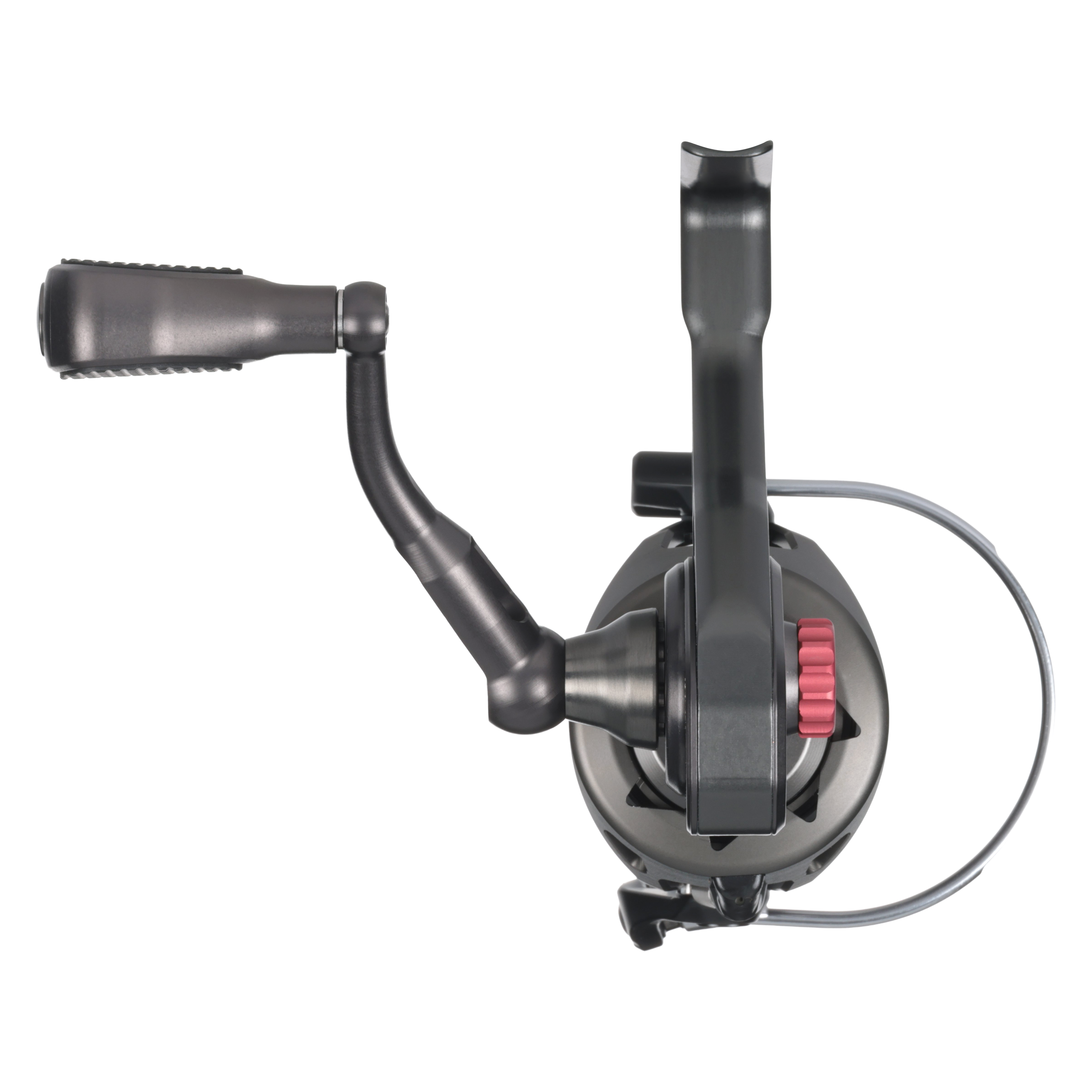 Bates SAM 2500 spinning reel handle and gunmetal grey anodized finish detail