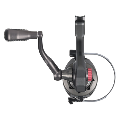 Bates SAM 2500 spinning reel handle and gunmetal grey anodized finish detail