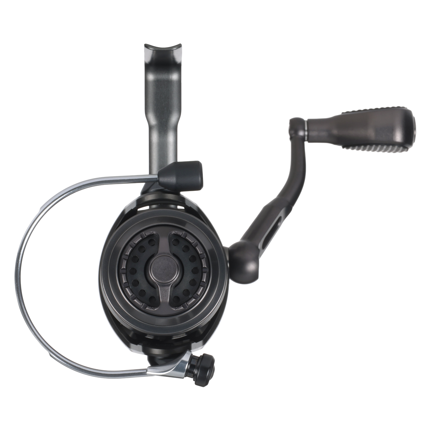 Bates SAM 2500 spinning reel rear view showing sealed body construction