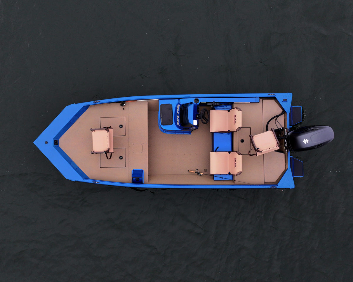 SeaArk Shadow 18 — manufacturer photo, overhead view of the deck with anglers aboard