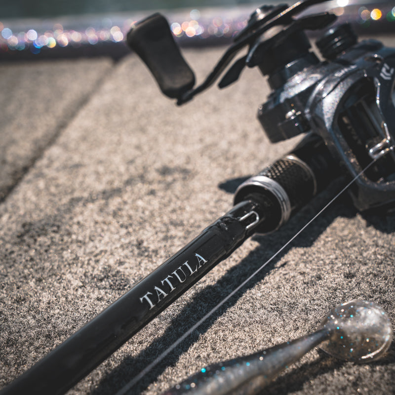 Daiwa Tatula XT bass rod showing the carbon-nut reel seat, EVA split grip and Fuji guides