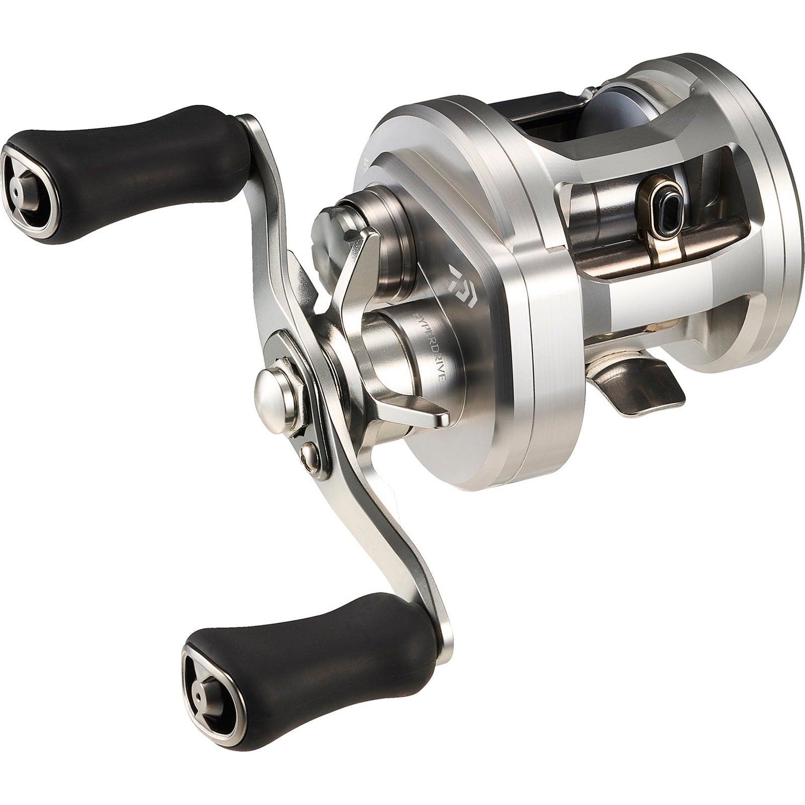 Daiwa Ryoga 150 round casting reel in brushed aluminum with black oversized EVA handle knobs