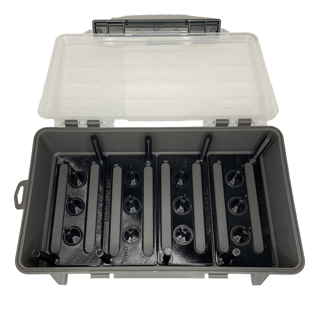 Plano 3700 Deep tackle box open, showing the black Gambler prong insert filling the base