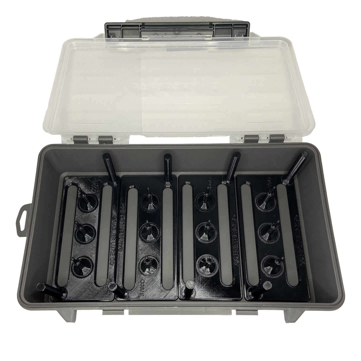 Plano 3700 Deep tackle box open, showing the black Gambler prong insert filling the base