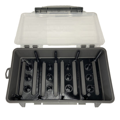 Plano 3700 Deep tackle box open, showing the black Gambler prong insert filling the base