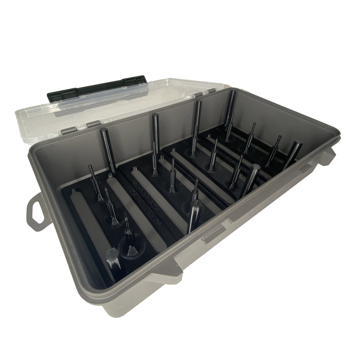 Angled view of the open Plano 3700 Deep box with the Gambler urchin bait prong insert