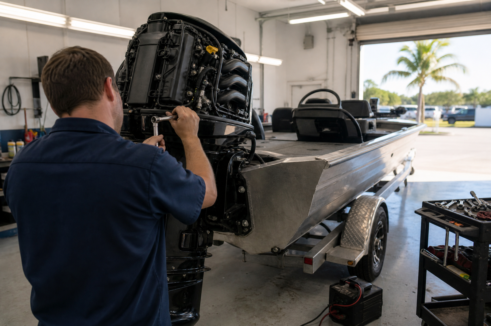 Outboard service on an aluminum boat in a marine service bay