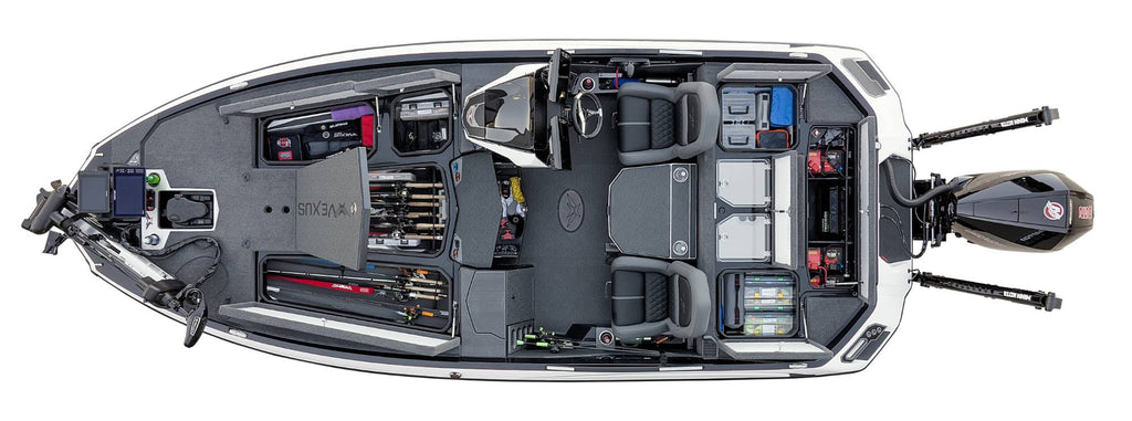 Vexus VXS20 — manufacturer studio photo, overhead view with storage and rod box lids open