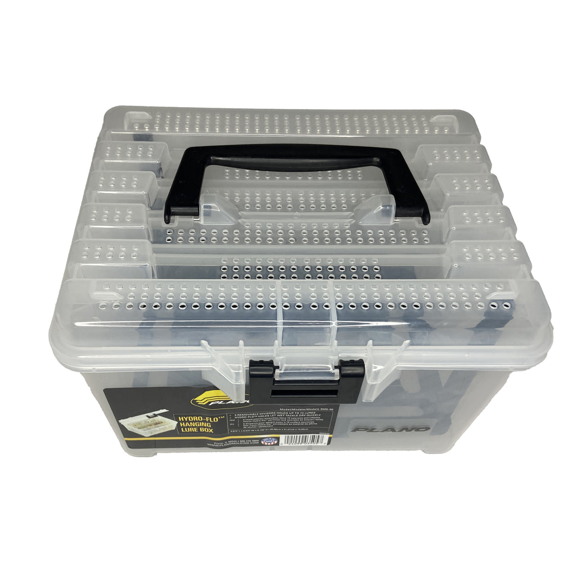 Gambler urchin tackle box closed — clear Plano Hydro-Flo hanging lure box with black handle and latch