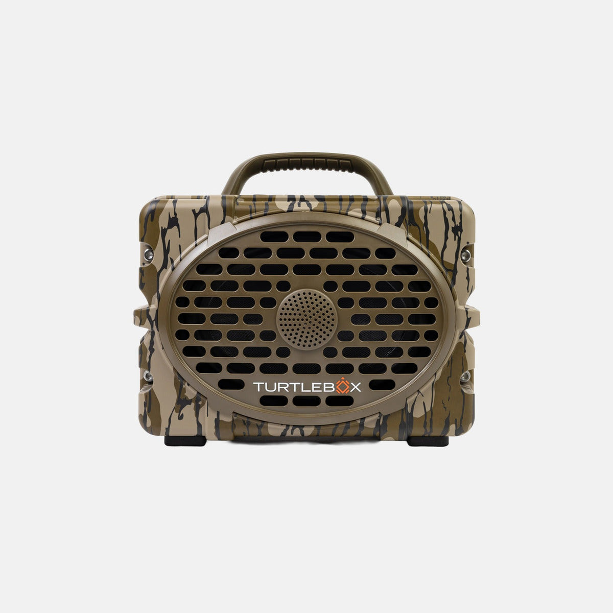 Turtlebox Original Gen 3 portable Bluetooth speaker in Mossy Oak Bottomland camo with brown handle